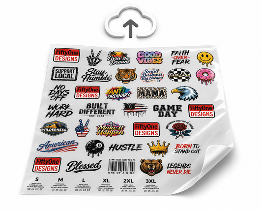Upload a gang sheet, DTF transfer sheet ready to print, FiftyOne Designs